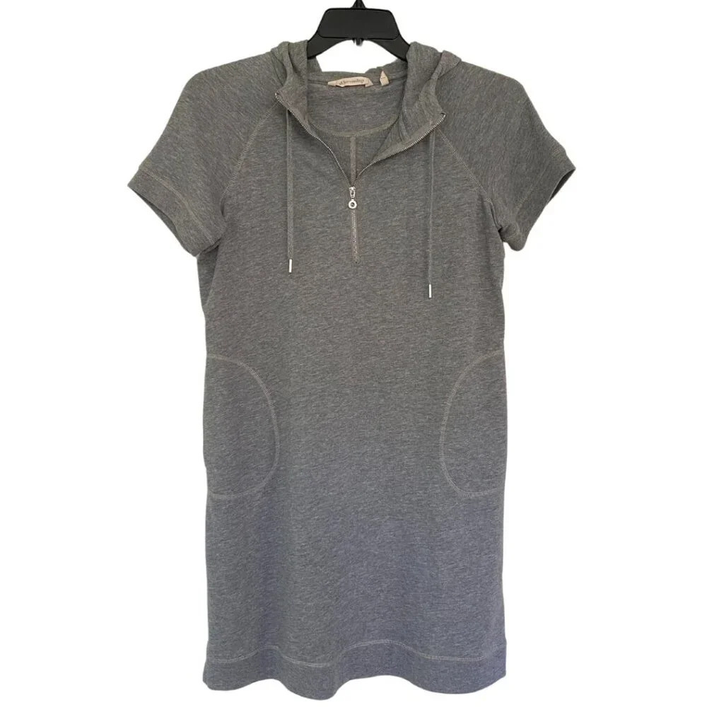 Soft Surroundings, Hooded French Terry Short‎ Sleeve Half Zip Dress, Gray, Grey - Picture 2 of 11